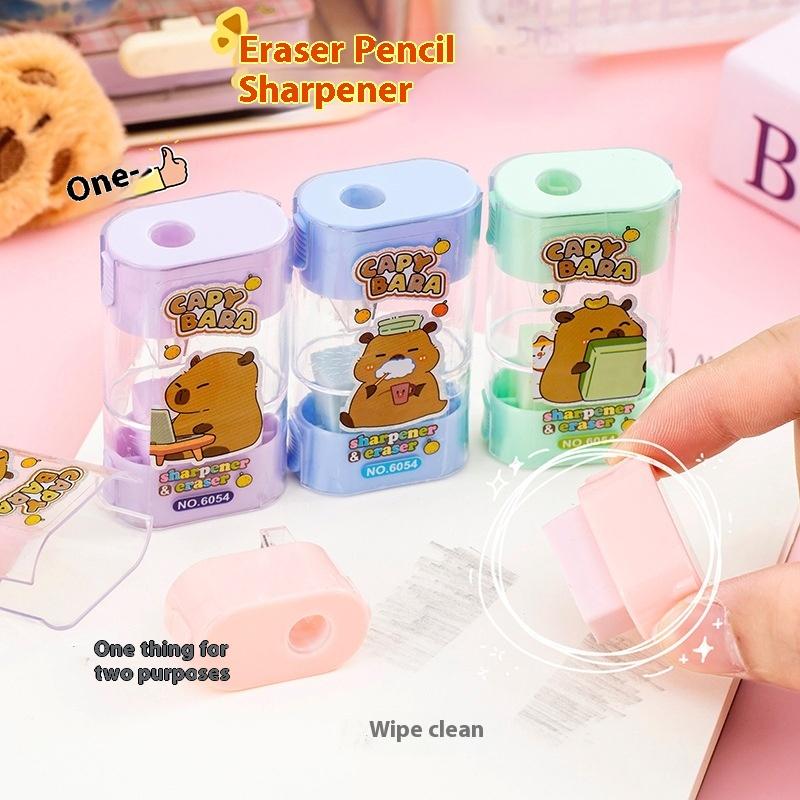 4Pcs Creative Cartoon Capybara 2In1 Manual Pencil Sharpener Eraser Cute Children'S Stationery Gift Student School Supplies