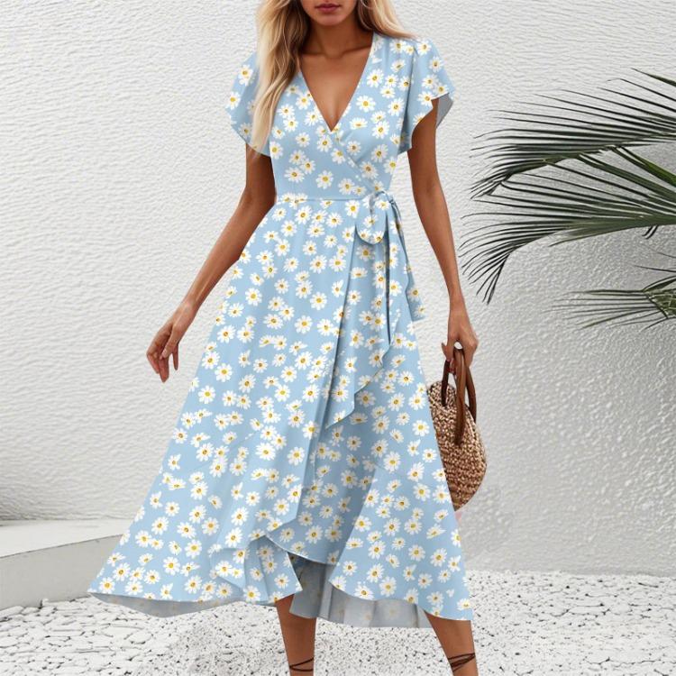 Floral Print V Neck Women Dresses Short Sleeve Waisted S