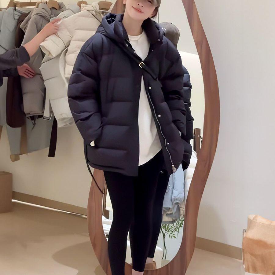 Women Autumn Winter Hooded Cotton Padded Jackets with Belt Solid Female Thin Windproof Puffer Coat Loose Snow Overcoat