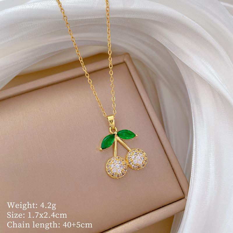 Green Leaf Cherry Necklace Earrings Set Light Luxury Slightly Inlaid Personalized Temperament Banquet Earrings Necklace Combination