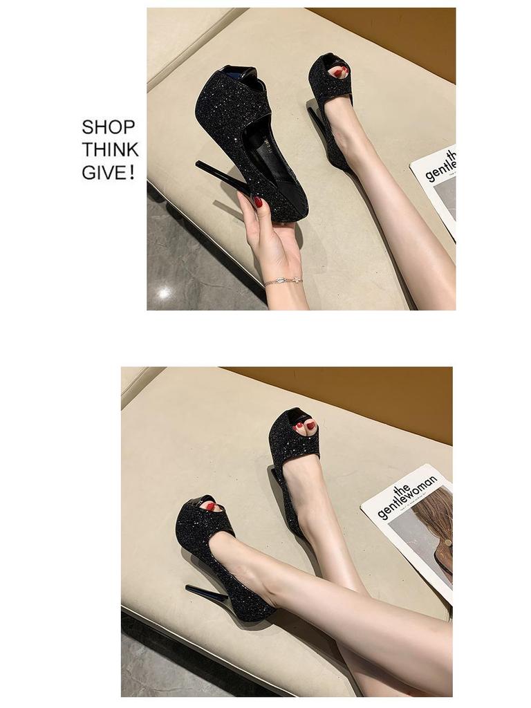 2021 Trendy European & American Sequin Peep Toe High Heel Platform Women's Shoes