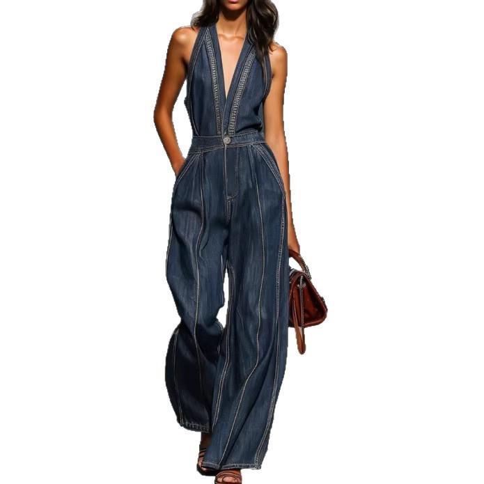 2026 Retro V-Neck Sleeveless Wide-Leg Denim Jumpsuit