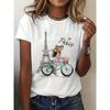 Women's Y2K Paris Girl with Bike Eiffel Tower Graphic Print Casual Loose Fit Short Sleeve Crew Neck Trendy Travel T-Shirt