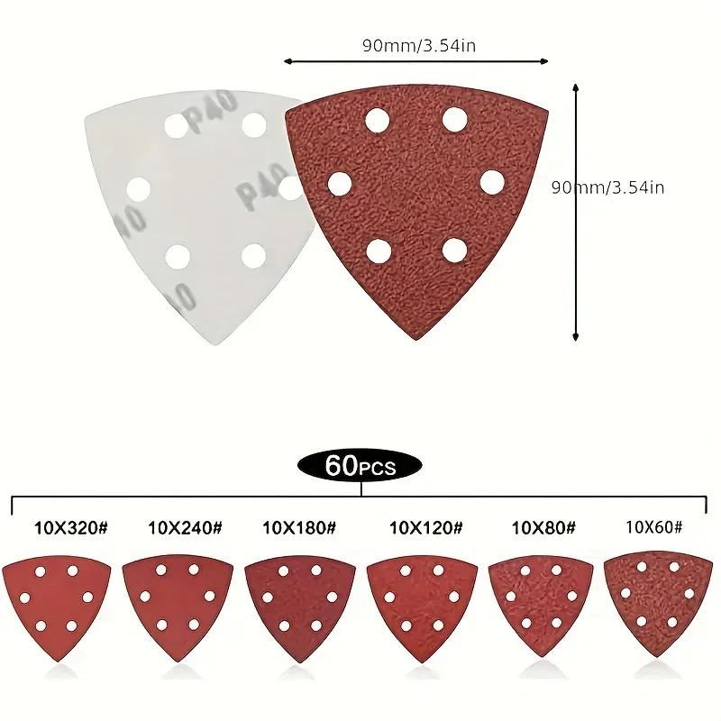

60 штук треугольных шлифовальных подушечек-6 отверстий, зернистость 60/80/120/180/240/320 для дельта/многофункциональных шлифовальных машин-идеально