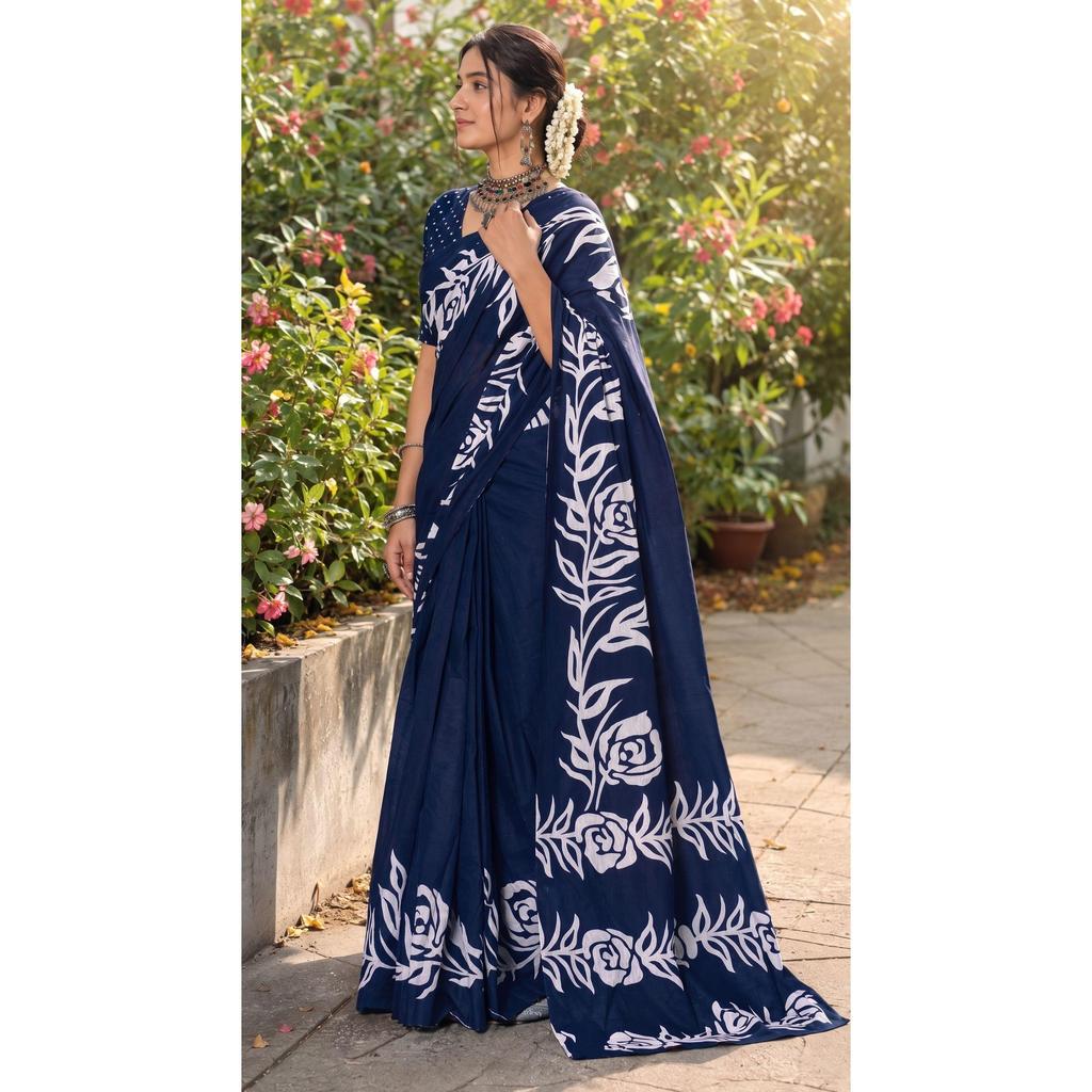 New Launch – Premium Hand Block Floral Print Mulmul Cotton Saree