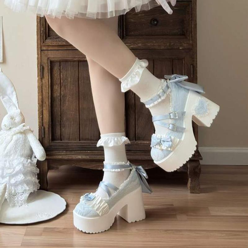Gothic Sweet Lolita Heels for Women Chunky Platform Bowknot Buckle Strap Pumps Fashion High Heels Lace Mary Jane Shoes
