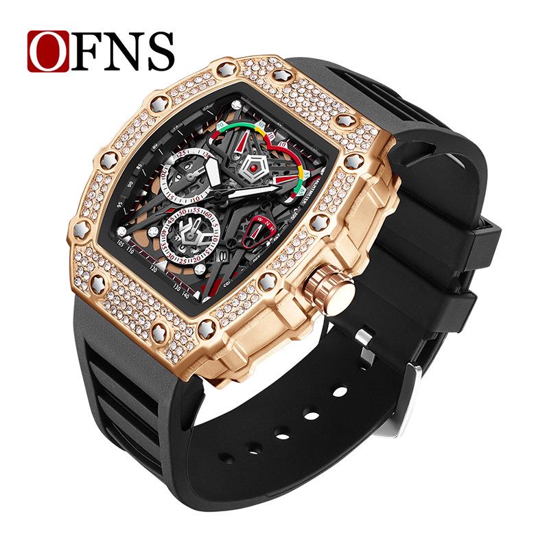 OFNS Men s Waterproof Luminous Quartz Watch - Diamond Inlaid, Three-Window Barrel Shape with Single Calendar.