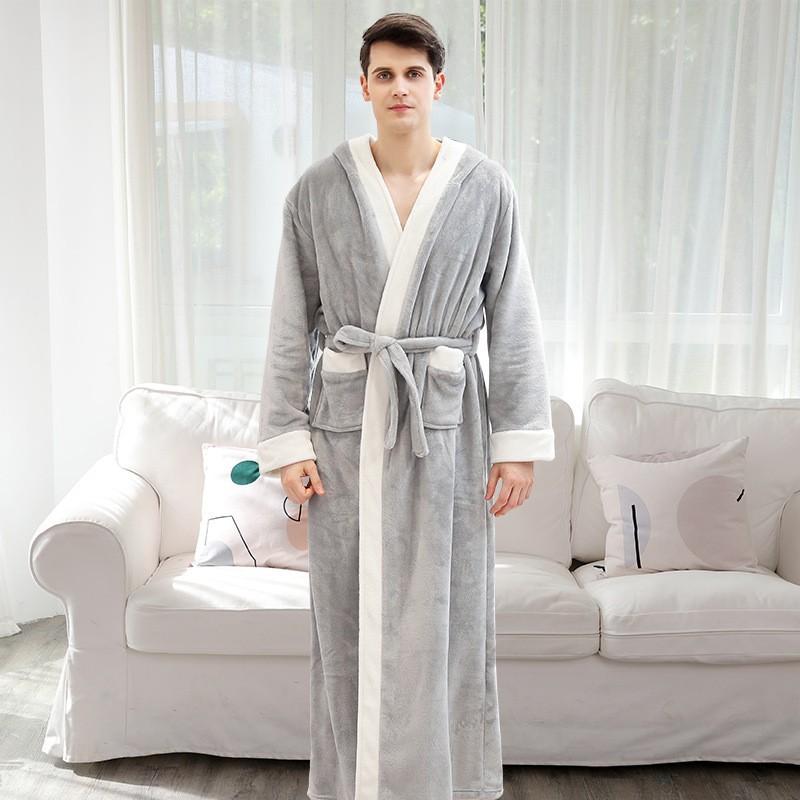Autumn And Winter Flannel Nightgown Hooded Bathrobe Coral Fleece Men'S Thickened Extended Couple Bathrobe Women