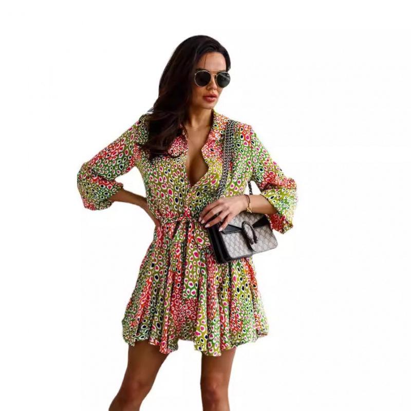 European and American Women's Long-Sleeve Tie-Waist Printed Shirt Dress