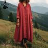Women's Fashion Spring Fall Solid Color Print Long Sleeve V-Neck Loose Waistline Casual Dresses