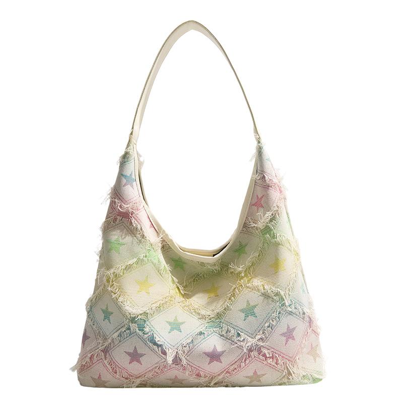 Star Print Frayed Denim Tote Bag Large Capacity Casual Shoulder Handbag for Women
