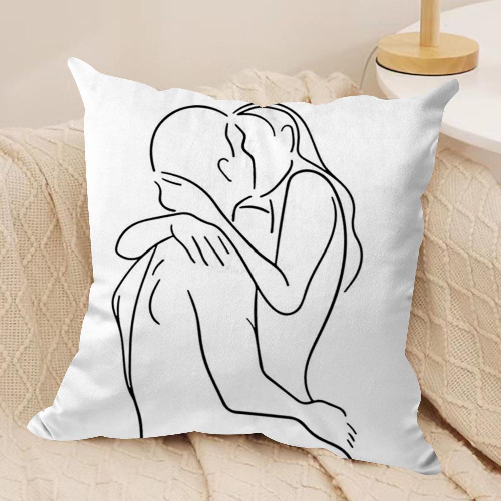 Black White Couple Line Cushion Cover Soft Plush Fabric Double-Sided Printed Sofa Cushion Cover for All Seasons Home Decor Gift