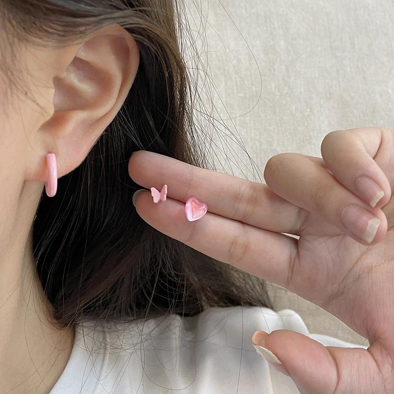 3Pair/Set Korean Pink Heart Butterfly Flower Stud Earrings For Women Girls Sweet Cute Small Circle Piercing Earrings Set Jewelry