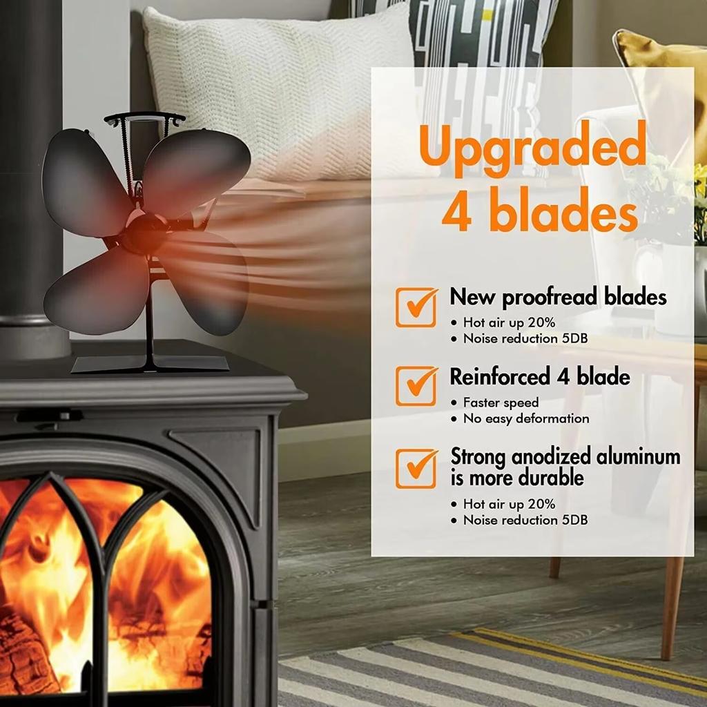 Heat Powered Stove Fan for Wood Fast Start 4-Blade Fireplace Fans Ultra Quiet Increases 80% more Warm Air Energy Saving