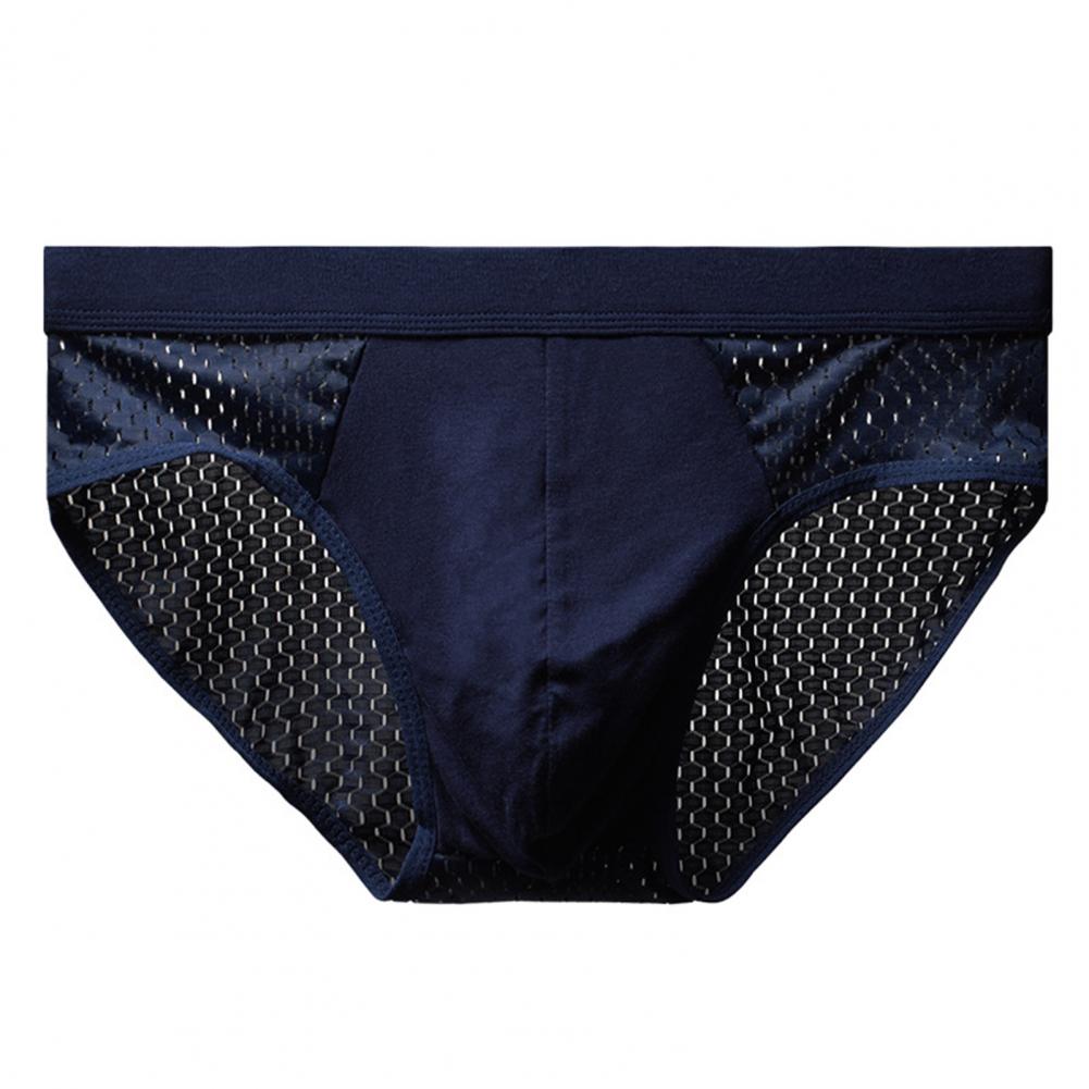 Men Briefs Mid-rise Elastic Waist Mesh Stitching Ice Silk Panties Breathable Solid Color U-Convex Underwear Daily Wear
