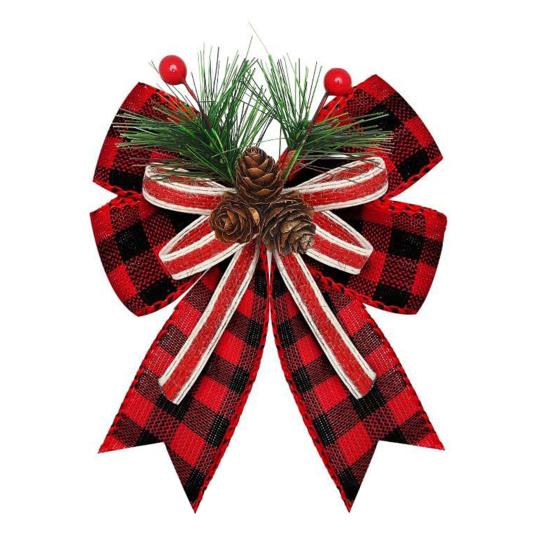 Christmas Burlap Plaid Bow with Pine Cones Pine Needles Large Buffalo Plaid Bow Xmas Wreath Checkered Bow for Holiday Crafts Home Party Tree Decor