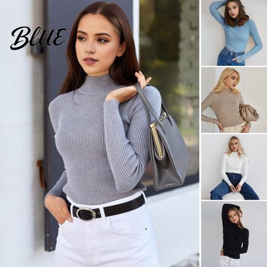 Women Knitwear Knitting Bottoming Shirt Half High Collar Long Sleeve Solid Color Slim Fit Tops Ribbed Warm Fall Winter Knit