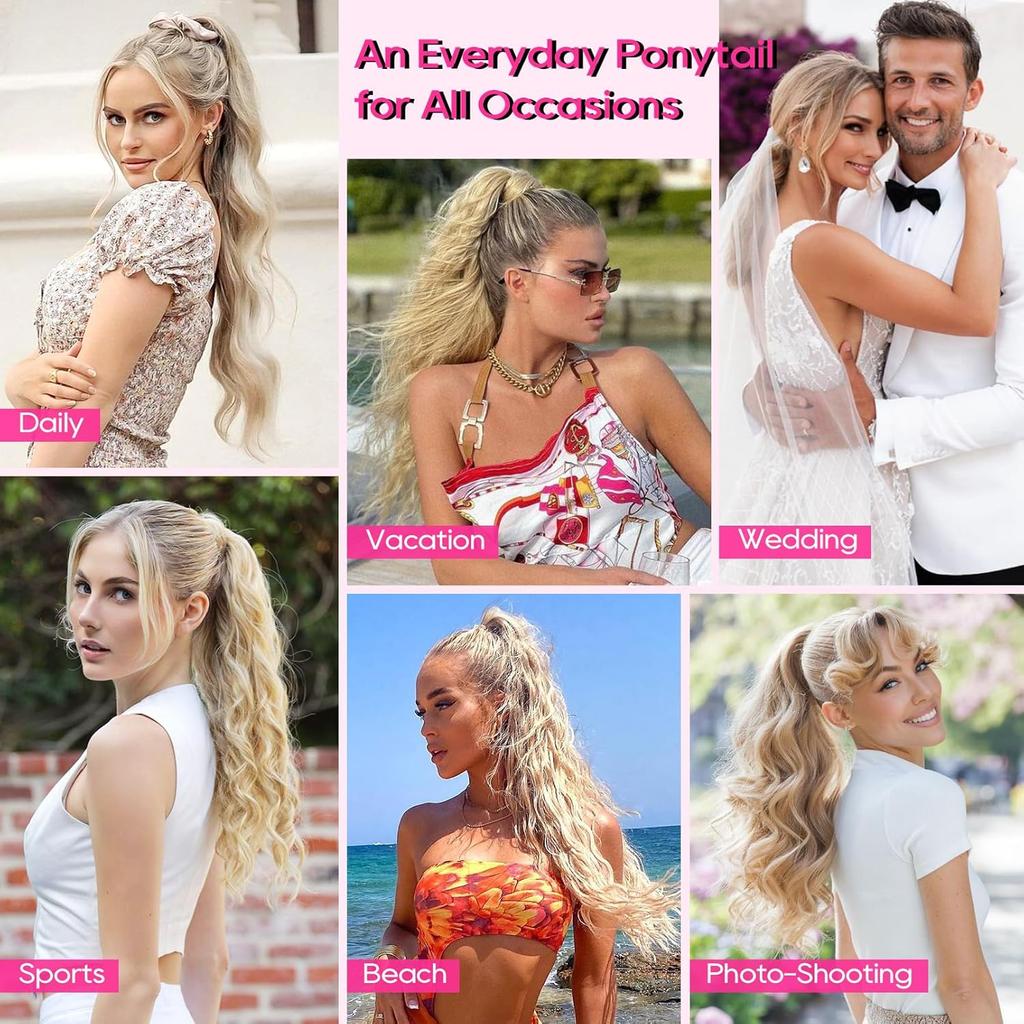 22" Long Ponytail Hair Extension Wrap Around Pony Tail Clip in Curly Wavy Synthetic Fake Hairpiece for Women Daily Life