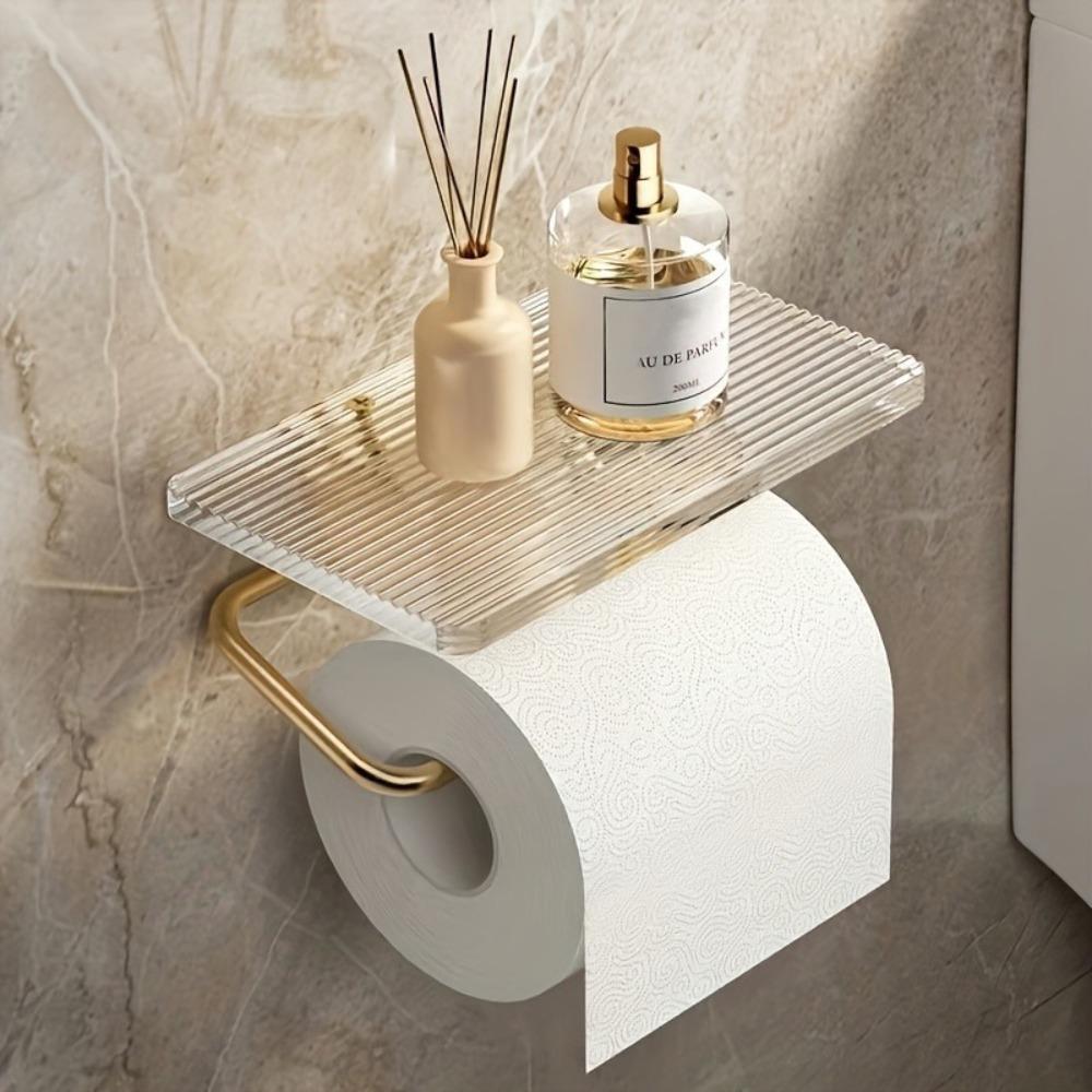 1PCS Acrylic Toilet Paper Holder with Shelf, 1pc Wall-Mounted Bathroom Tissue Roll Dispenser, Waterproof Space-Saving Organizer for Accessories