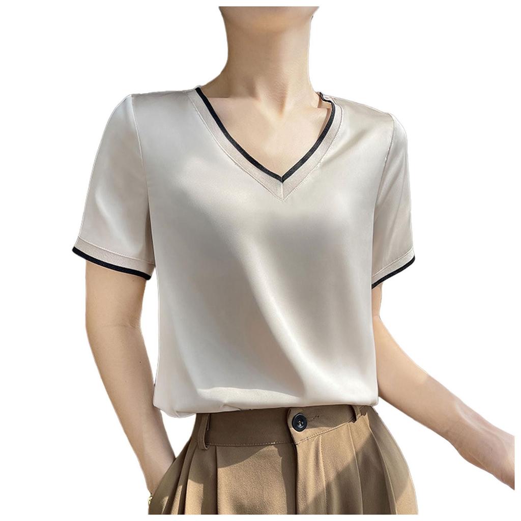 Peach Women Shirt 2026 Summer New Silk Satin Short Sleeve T Shirt Women'S Mesh Solid Color Vest Temperament V Neck Apparel Shirt