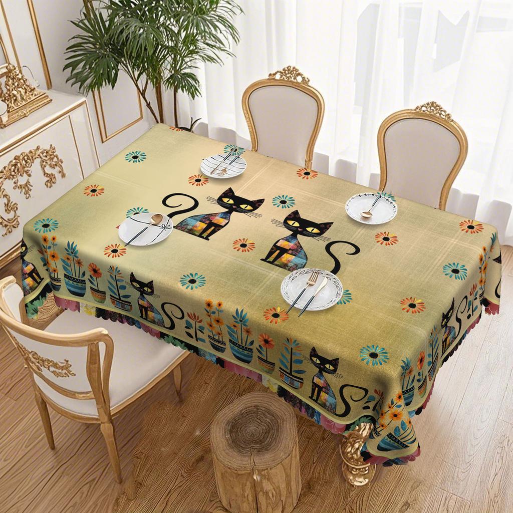 1 Piece, Bohemian Mandala Tablecloth, Vintage Floral And Cat Pattern Tablecloth, Edge Embossing Craft