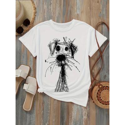 Damenmode Bedrucktes T-Shirt mit lustigem Hunde-Skizzen-Design Weicher Rundhalsausschnitt Kurze Ärmel Lässiger Stil für Tägliche Sommerkleidung