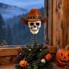 Skull Christmas Tree Topper Gothic with Cowboy Hat, Vintage Western Dark Retro Decor Skeleton Ornament for Halloween, Spooky Top Decoration
