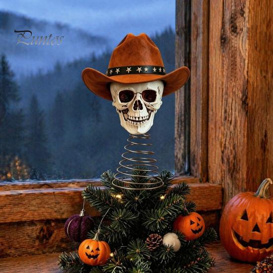 Skull Christmas Tree Topper Gothic with Cowboy Hat, Vintage Western Dark Retro Decor Skeleton Ornament for Halloween, Spooky Top Decoration