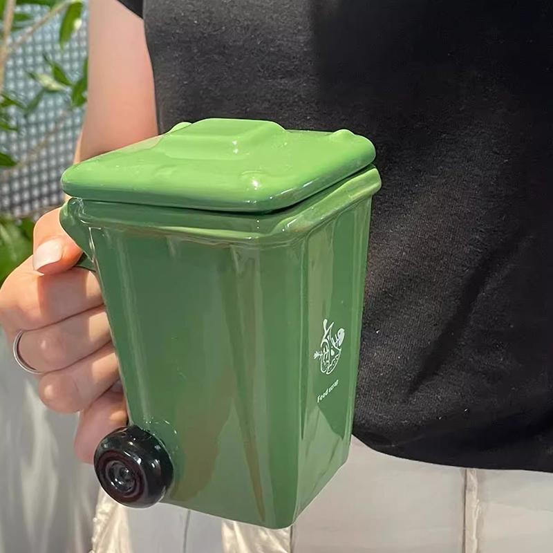 Funny Trash Can Ceramic Mug, Trendy Green Office Coffee Mugs, Breakfast Milk Oat Cups, Couple Water Cup,Birthday Gift Kawaii Cup