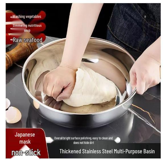 Large Stainless Steel Non-Stick Mixing and Kneading Bowl - Thick, Multi-Functional for Dough or Vegetables