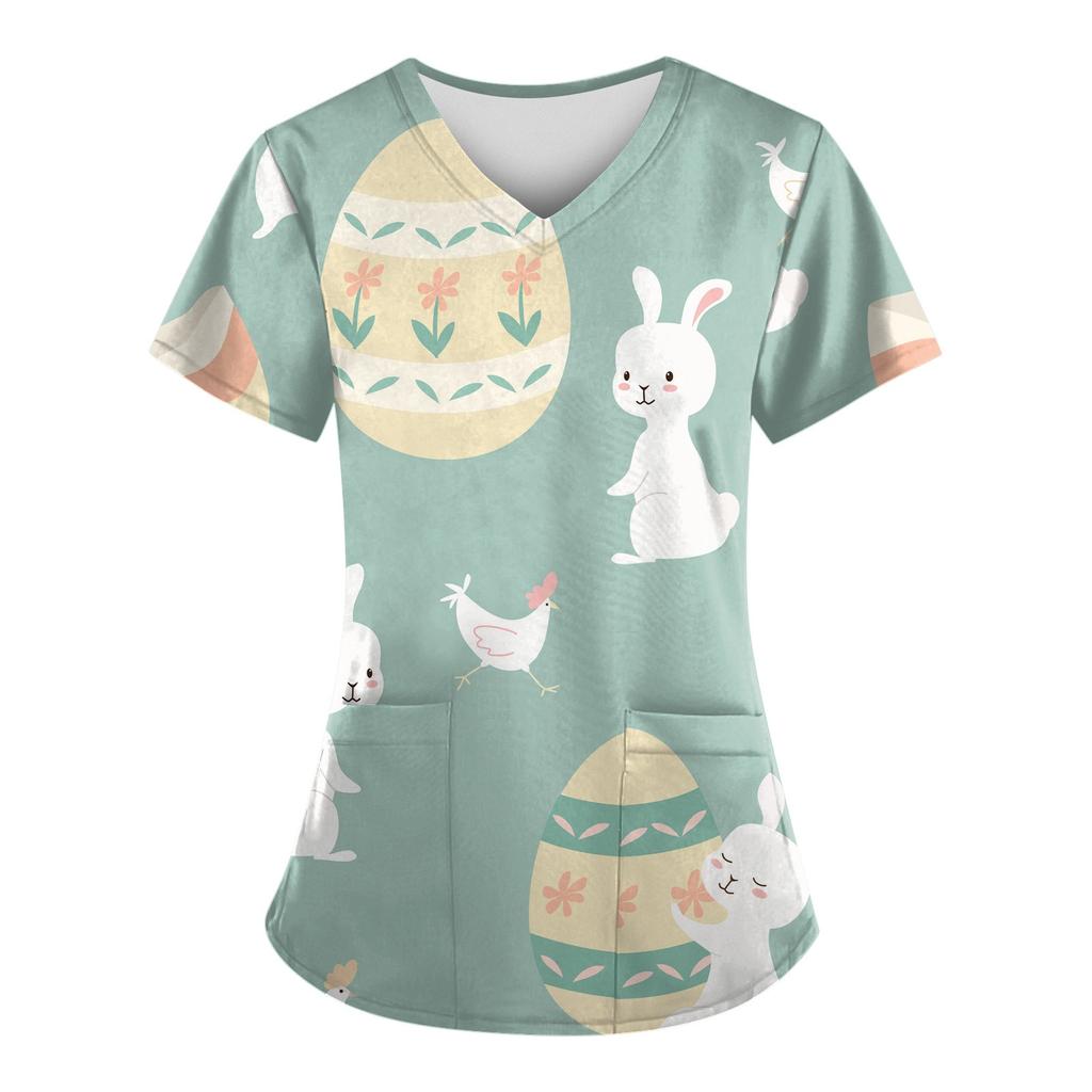 Women Fashion Easter Print V-neck Short Sleeve Workwear With Pockets Tops