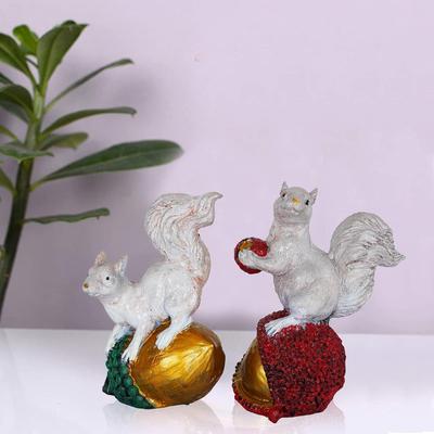 Polyresin Pronkstuk - Eekhoorn met Noten Beeldje voor Huisdecoratie, Vaastu, Fang shui, Traditioneel, Handgemaakt, Minatuur, Antiek (Meerkleurig, Set van 2)