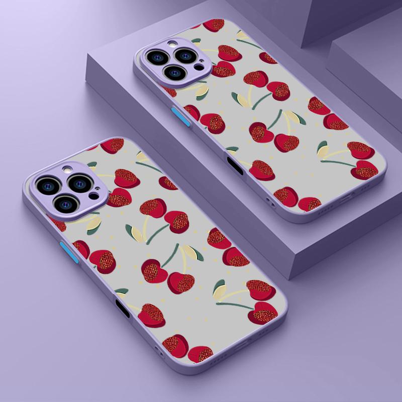 Simple Cherry Pattern Clear Matte Phone Case For iPhone 16 Pro Max 15 Pro 14 13 12 11 Soft Edge Shockproof Lens Protection Slim Phone Cover