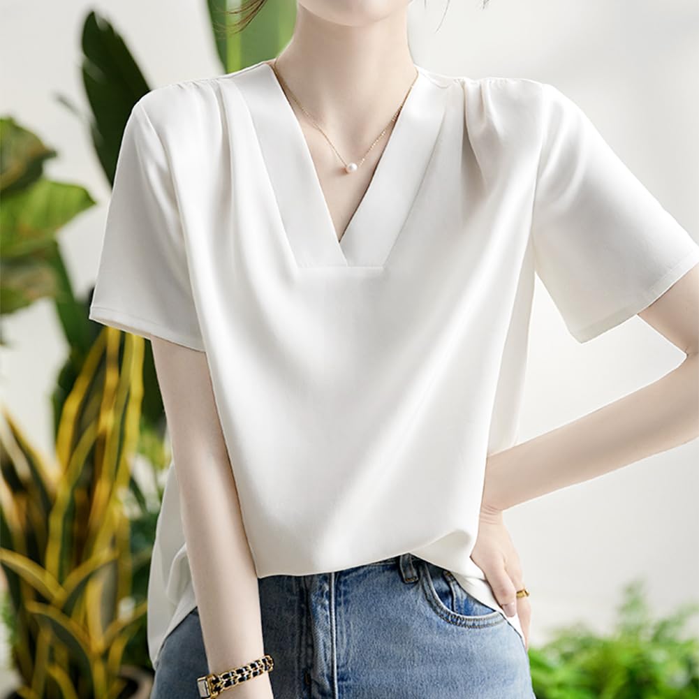 Shirt Short Summer [Sueeya] Women's Blouse, Sleeve, V-Neck, Tuck, Body-Concealing, Slimming, Plain, Stylish, Clean, Versatile, Casual, Formal,