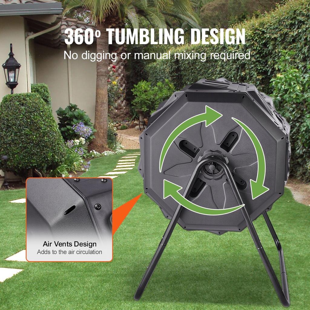 Compost Bin, 43-Gal Dual Chamber Composting Tumbler, Large Tumbling Rotating Composter with 2 Sliding Doors and Steel Frame, BPA Free Composter Bin