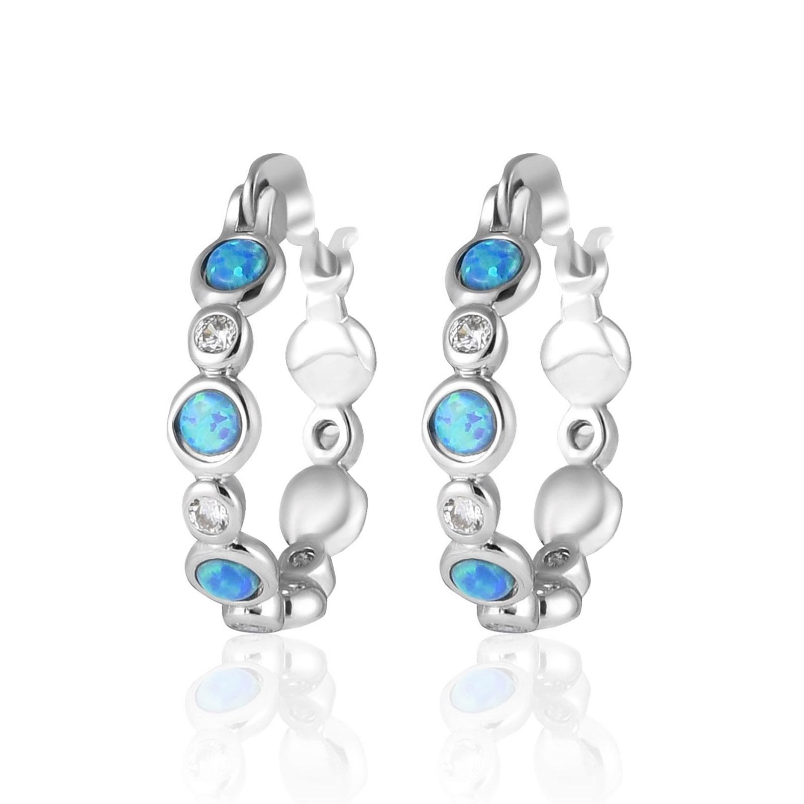 Opal & CZ Hoop Earrings - Blue Fire Opal Inlaid Silver Plated Dainty Jewelry for Women