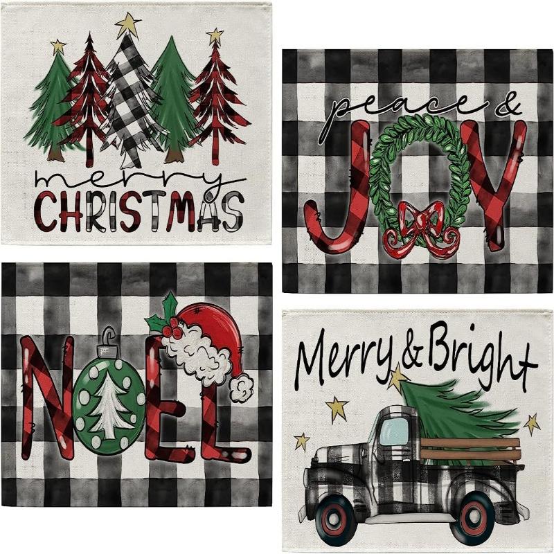 4Pcs Placemats & Coasters Set Christmas Santa Robin Snowman Reindeer Dinner Mats