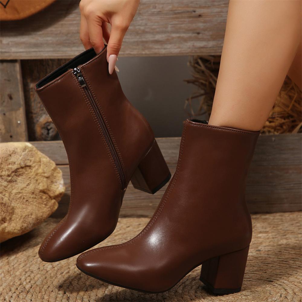 Women Boots High Quality Casual Leather Boots Classic Side Zip Ankle Boot Elegant Temperament High Heeled Boots Bottines Femmes