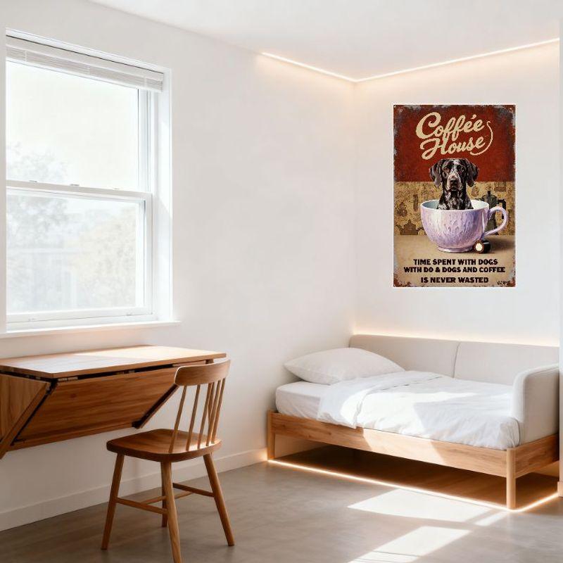Vintage Coffee House Metal Tin Sign - Retro Whimsical Dog & Coffee Themed Wall Art for Cafe Bar Man Cave Home Decor