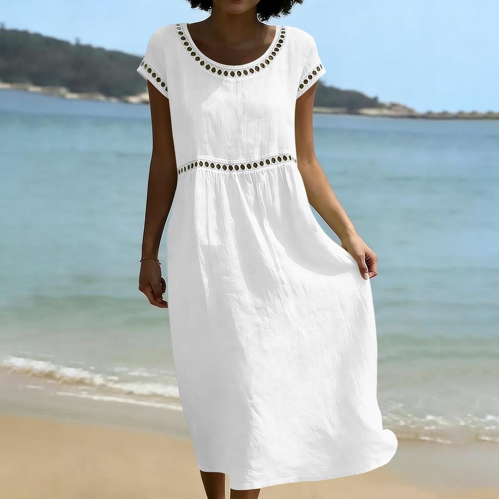 Women Casual Embroidered Trim Round Neck Midi Dress Cotton Linen Short Sleeve Loose Fit Summer Style Comfortable
