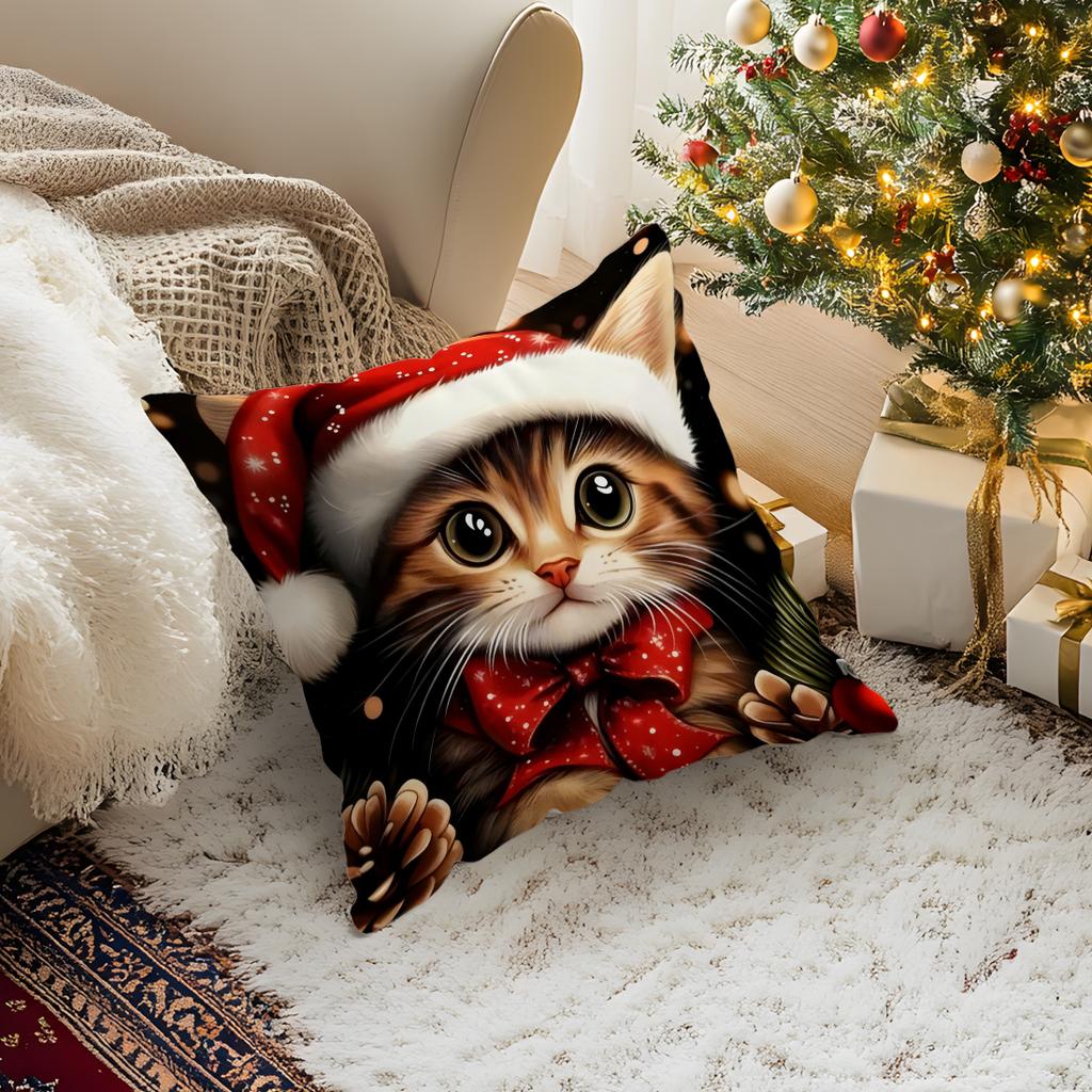 Christmas Kitten Pillowcase Bedroom Sofa Cushion Cover 100% Polyester Living Room Cushion Pillowcase Soft Home Decor 45X45Cm
