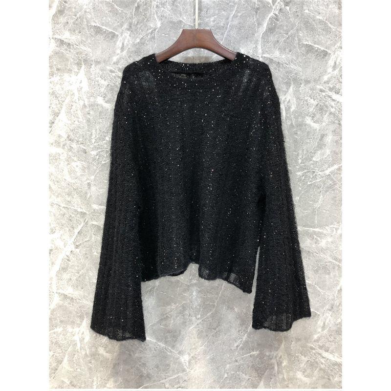

Классный свитер из мохеровой шерсти с пайетками и рукавами-клеш, женский, европейские товары, весенний свитер-топ 9x15 Black L