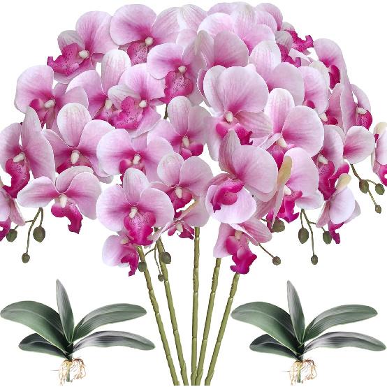 HinyoCo 5 Pcs Artificial Orchid Flowers and 2 Bundles Leaves,Artificial Phalaenopsis Flowers 32 Inch Stem Plants for Home Wedding Decoration (White