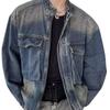Nostalgic Blue Retro Denim Jacket - Men's Loose Fit with Large Pockets and Stand Collar for Spring & Autumn