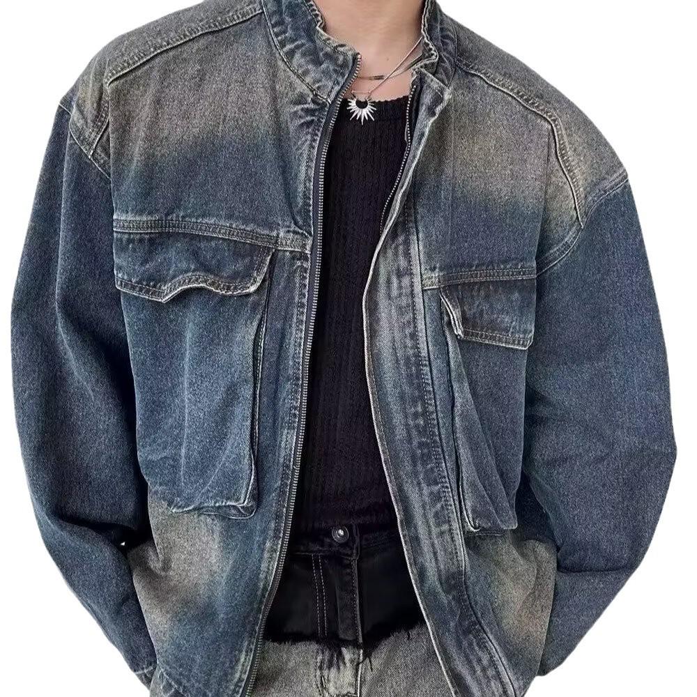 Nostalgic Blue Retro Denim Jacket - Men's Loose Fit with Large Pockets and Stand Collar for Spring & Autumn