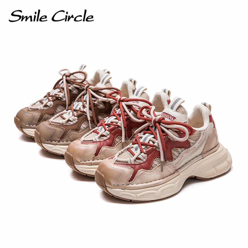 Damen Sneakers aus echtem Leder mit runder Zehenpartie und zunehmender Höhe, modische Freizeitschuhe mit dicker Sohle