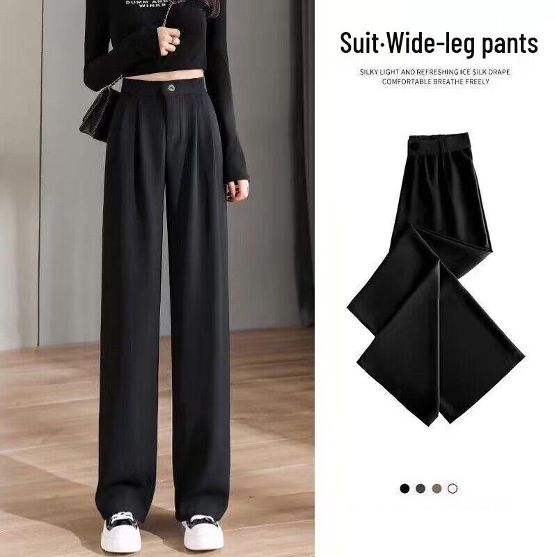 Ice Silk High-Waist Wide-Leg Pants - Women's Plus Size, Spring/Summer, Casual Black Drape