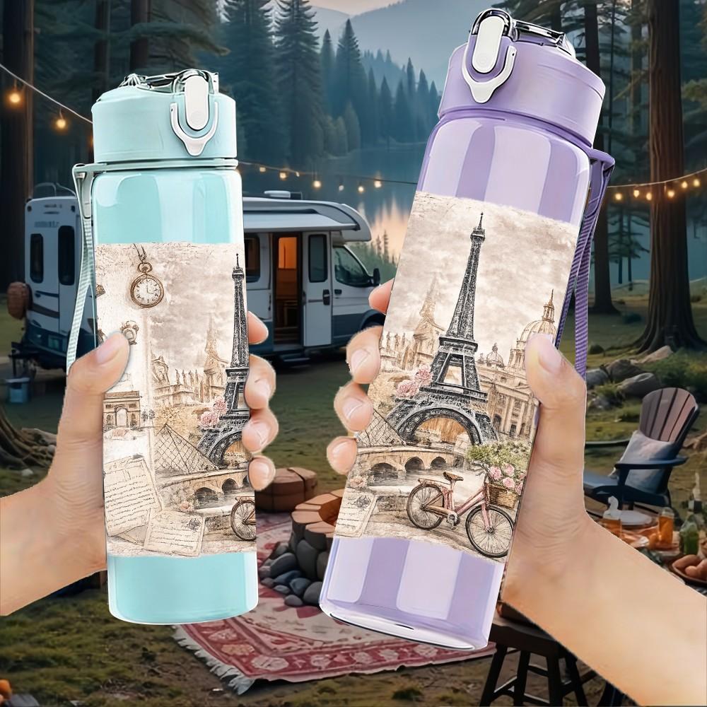 1PC Eiffel Tower Paris Retro Print 750ml Color Plastic Sports Water Bottle Leakproof Flip Straw Lid Suitable for Sports Office Home Use