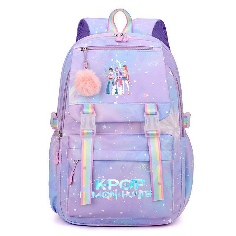 Korean Style School Backpack Teenagers Large Capacity Nylon Bookbag With Padded Straps Cartoon Print Unisex Student Bag