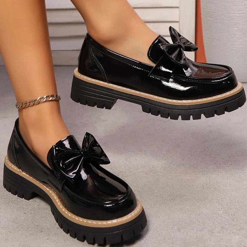 Modische koreanische PU Schleife Slipper Schuhe für Damen Frühling Herbst Uni Übergröße Damen Slipper Casual Schuhe mit runder Zehenpartie Damen